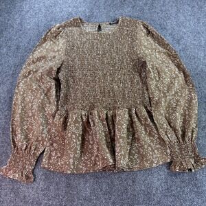 Fashion Peplum Top Women Size L Brown Floral Smocked Long Sleeve Blouse Boho
